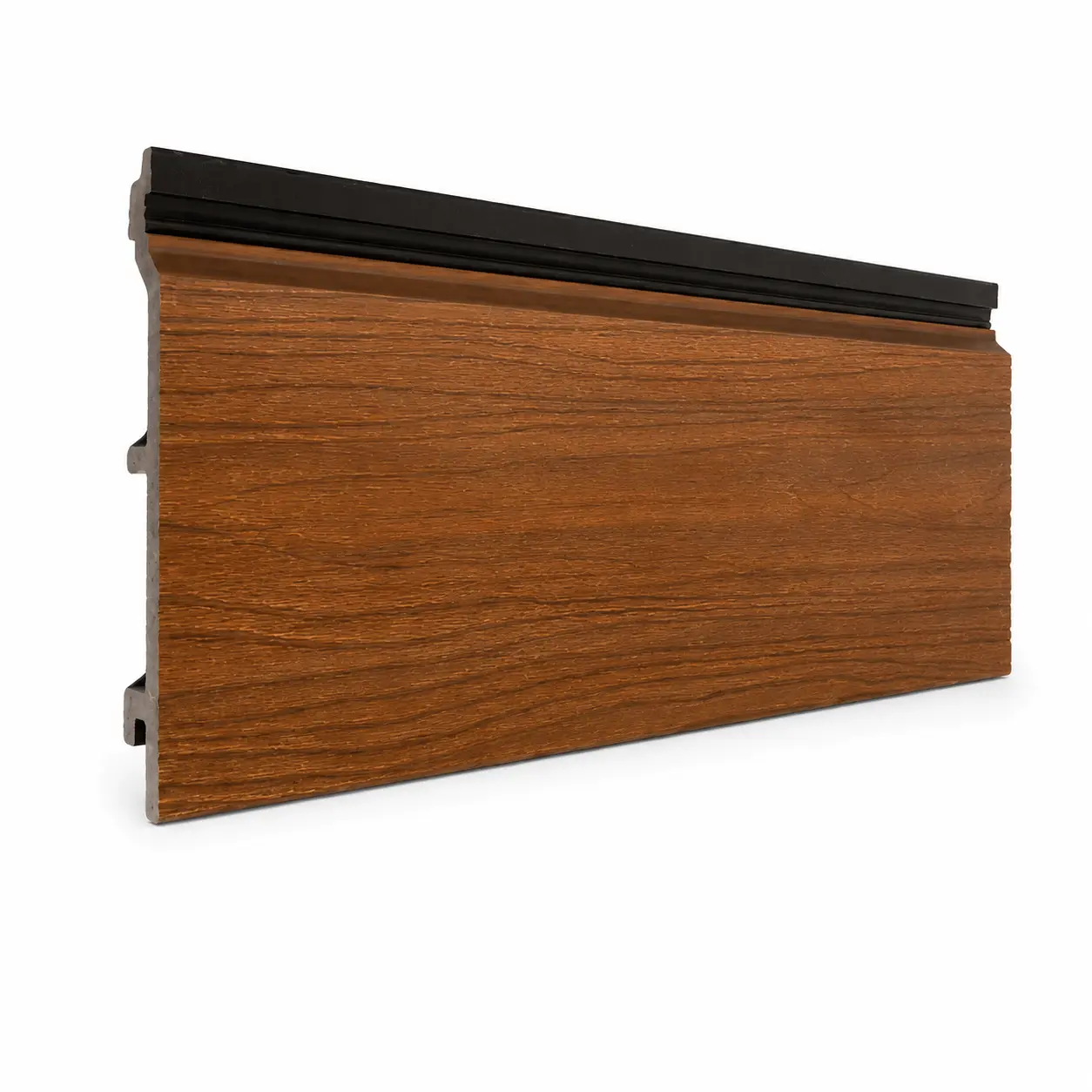 Side angle view of a warm teak finish PuraShell Co-Extruded T&G Composite Cladding board showing its textured surface and interlocking profile.