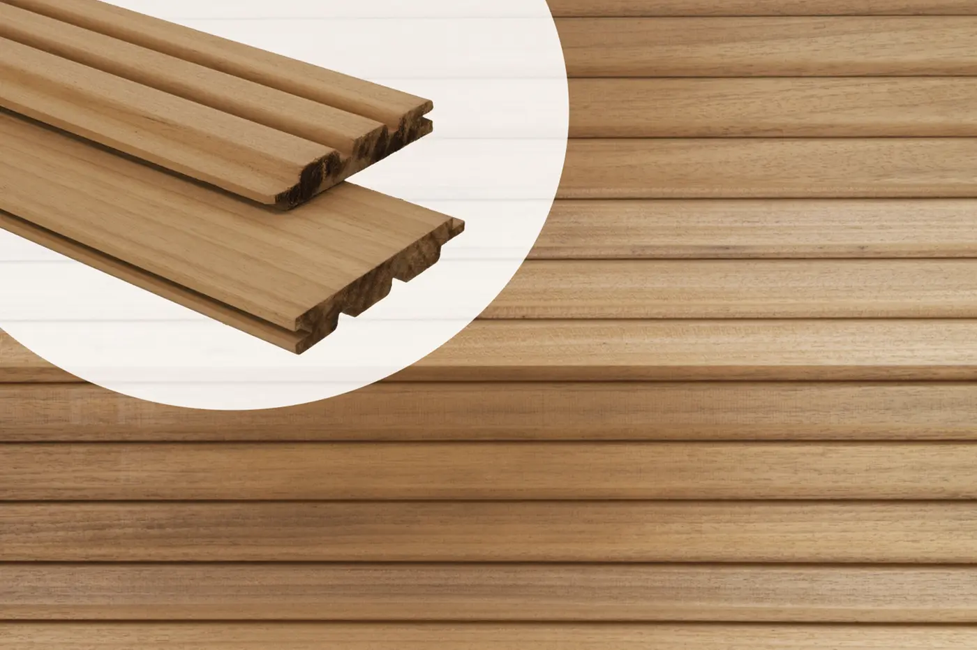 Thermowood Ayous cladding boards showing an inset cross-section of the triple slatted tongue and groove profile.