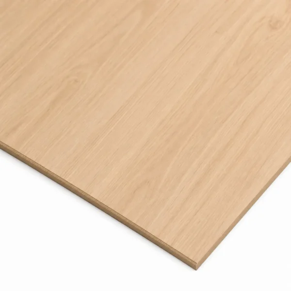 Close-up corner of a Veneered MDF Board White Oak Crown Cut sheet measuring 2440x1220mm with 7mm thickness.