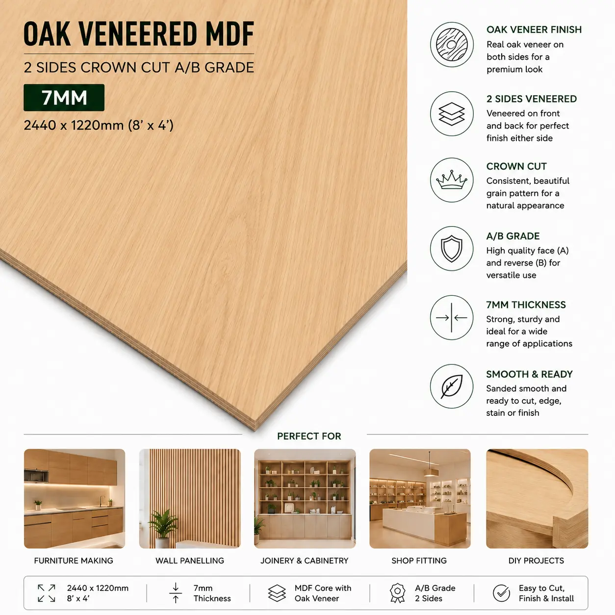 Infographic detailing product features, specifications, and applications for White Oak Crown Cut Veneered MDF Board 2440x1220mm 7mm.