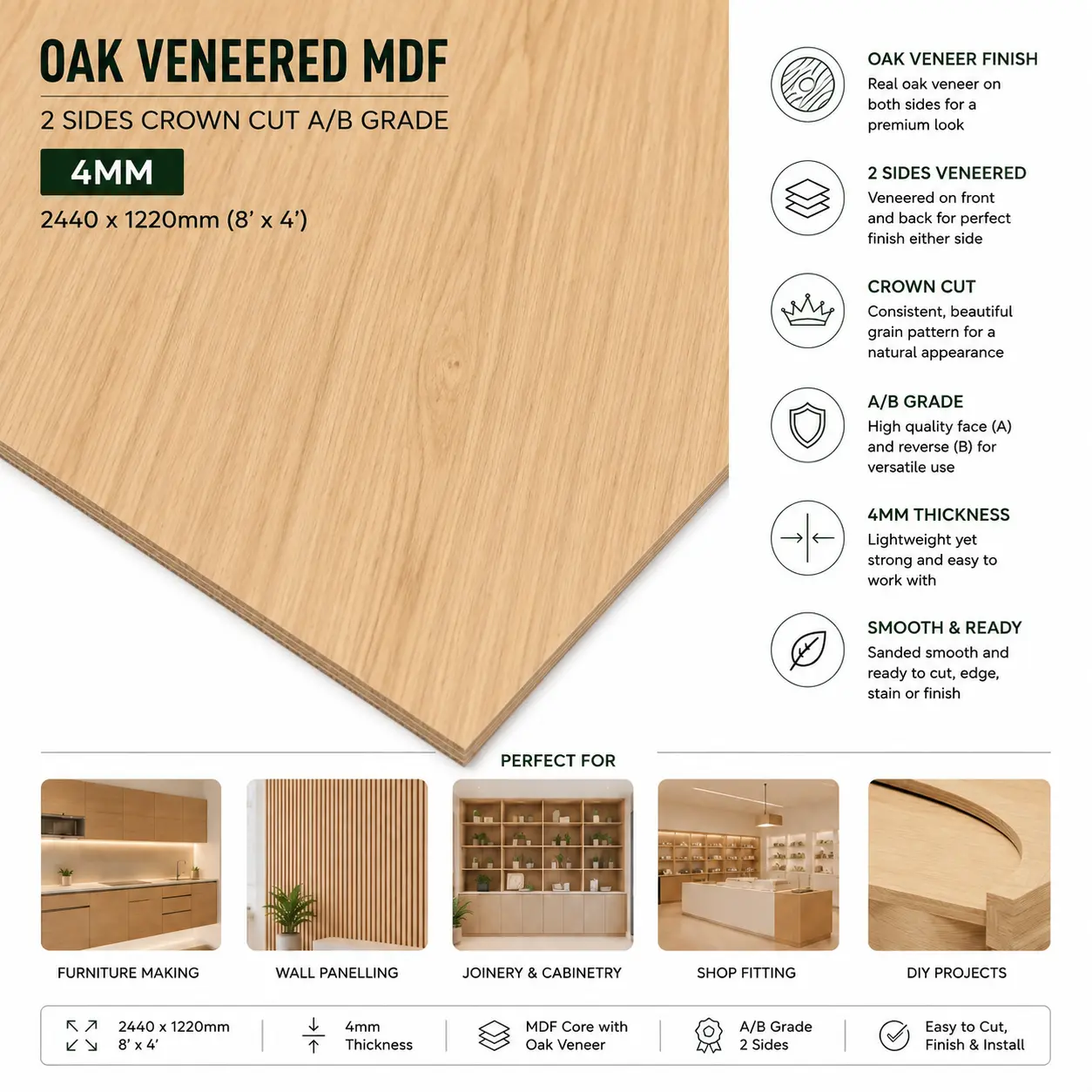 Infographic illustrating technical specifications, application suggestions, and material qualities for a 4 mm White Oak crown cut veneered MDF board.
