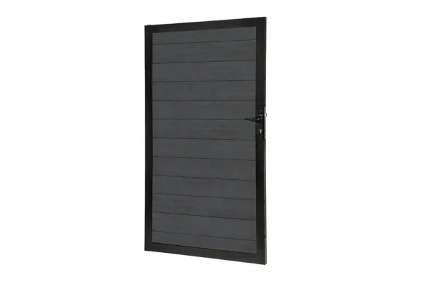 Three-quarters perspective view of a PuraFence Classic composite fencing gate in Dark Grey featuring horizontal panels, a matching dark frame, handle, and integrated lock assembly.