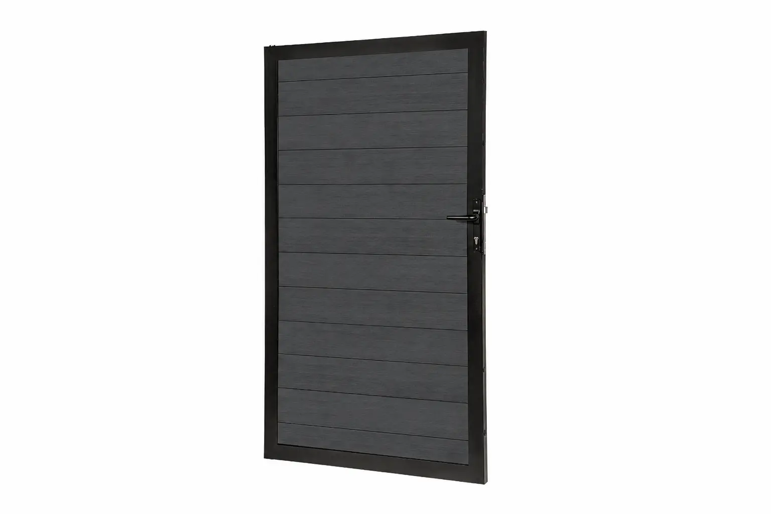 Three-quarters perspective view of a PuraFence Classic composite fencing gate in Dark Grey featuring horizontal panels, a matching dark frame, handle, and integrated lock assembly.