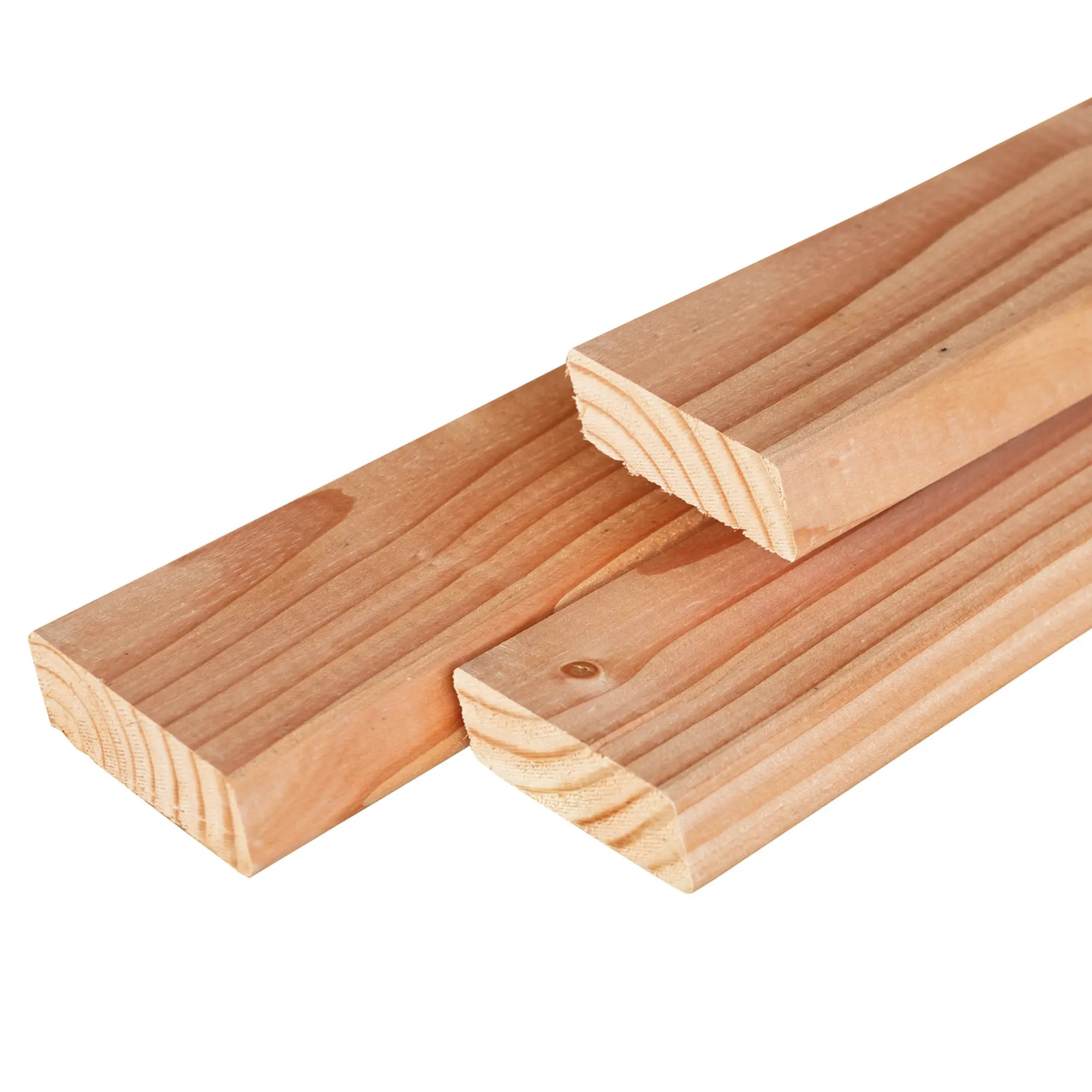Three stacked Douglas Fir cladding boards in rhombus profile measuring 65x20mm by 3600mm.