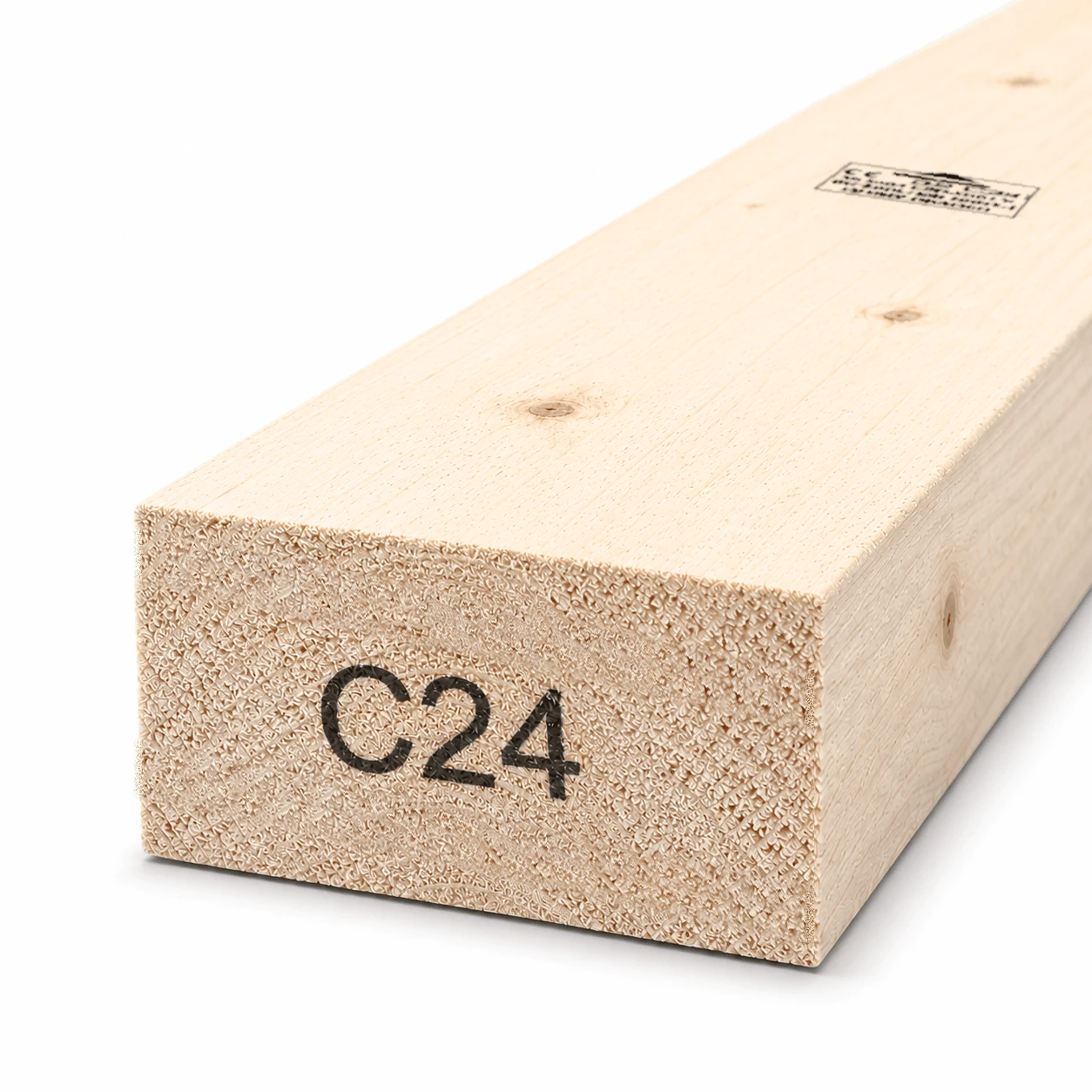 3x1.5 C24 rough sawn timber board, 75×35 mm, end view showing the C24 strength grade mark