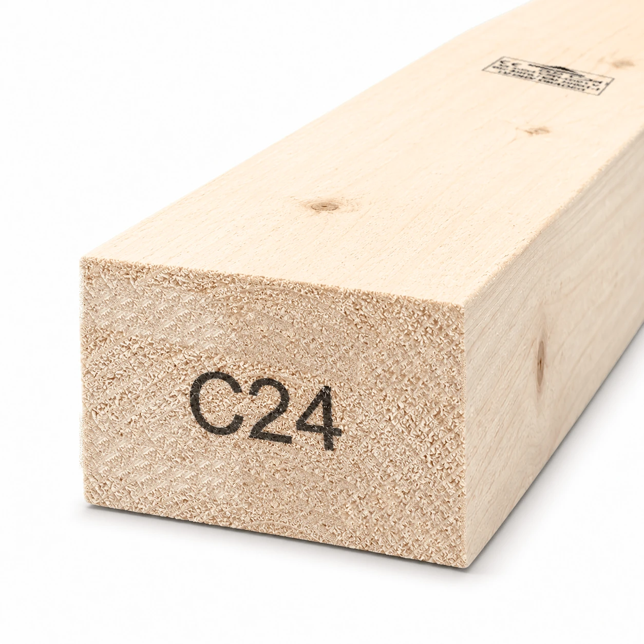 3x2 C24 rough sawn timber board, 75×44 mm, end view showing the C24 strength grade mark