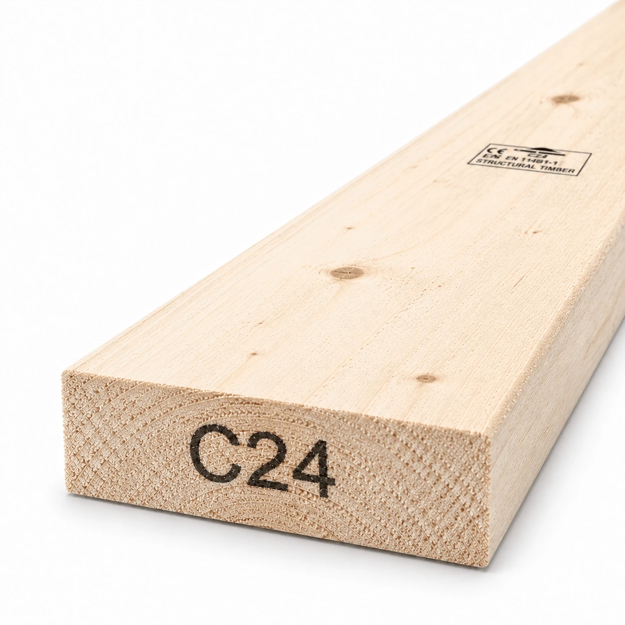 4.5x1.5 C24 rough sawn timber board, 115×35 mm, end view showing the C24 strength grade mark