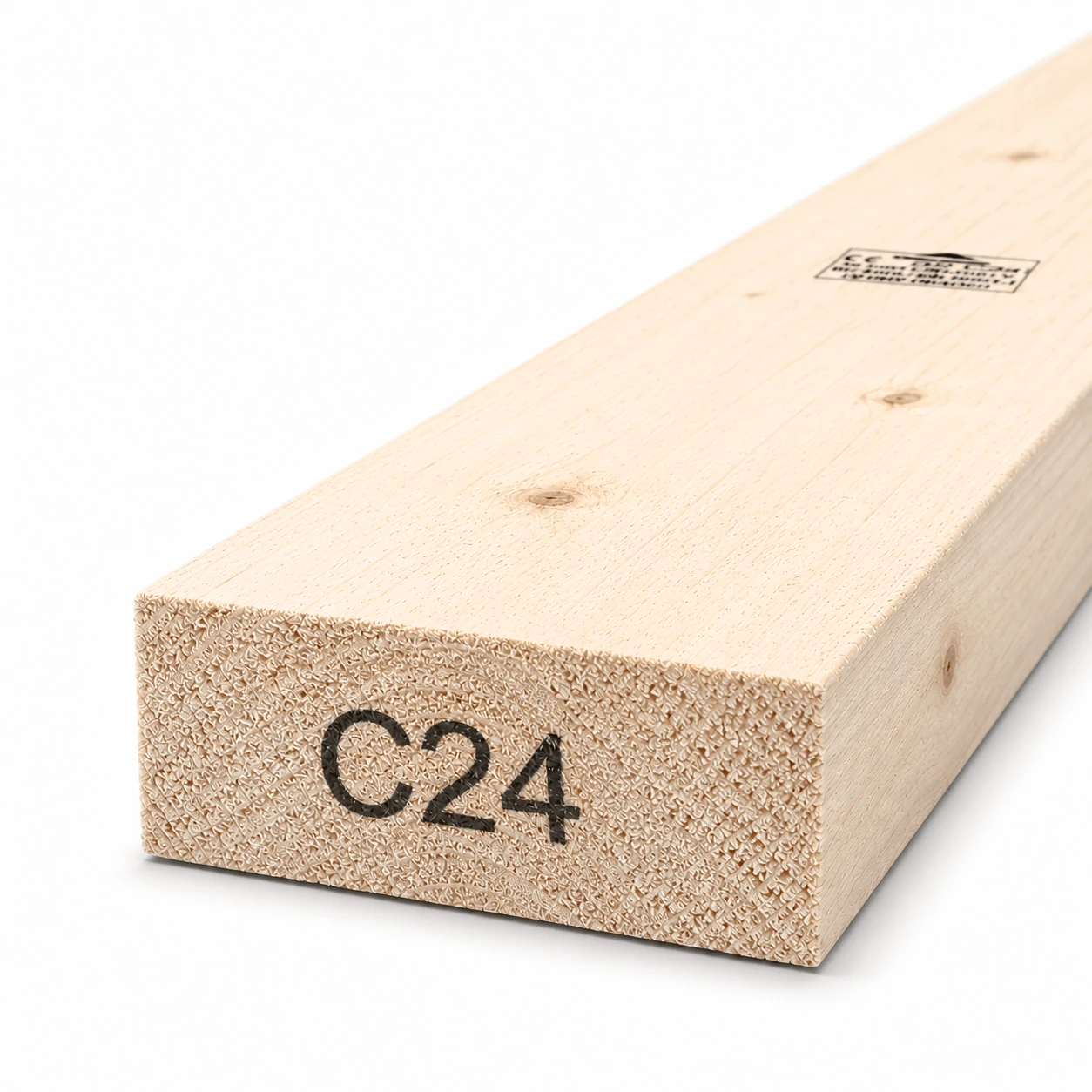 4.5x2 C24 rough sawn timber board, 115×44 mm, end view showing the C24 strength grade mark