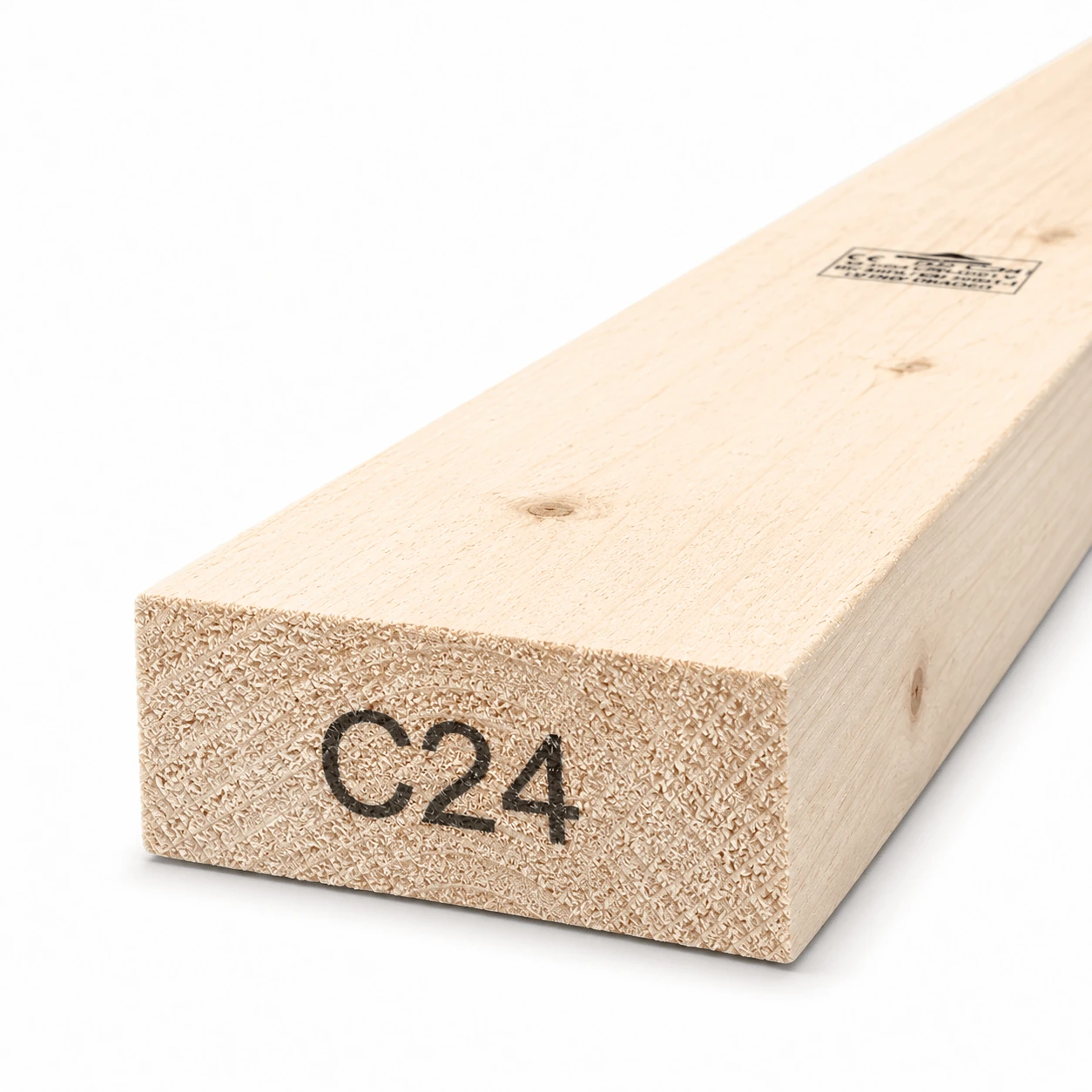 4x1.5 C24 rough sawn timber board, 100×35 mm, end view showing the C24 strength grade mark
