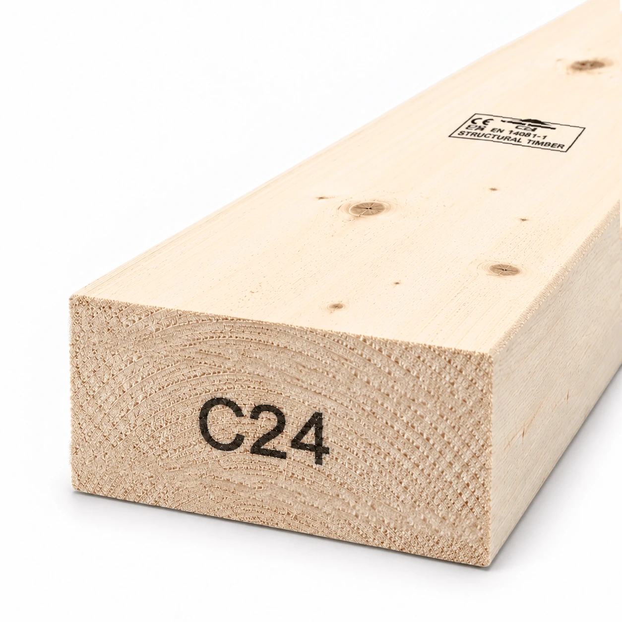 4x2 C24 rough sawn timber board, 100×44 mm, end view showing the C24 strength grade mark