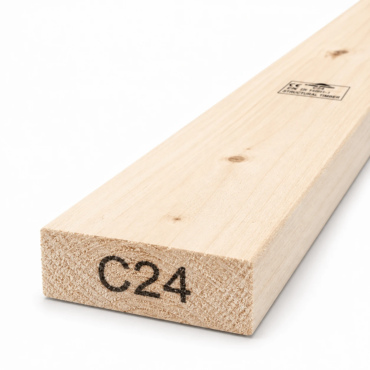 6x2 C24 rough sawn timber board, 150×44 mm, end view showing the C24 strength grade mark