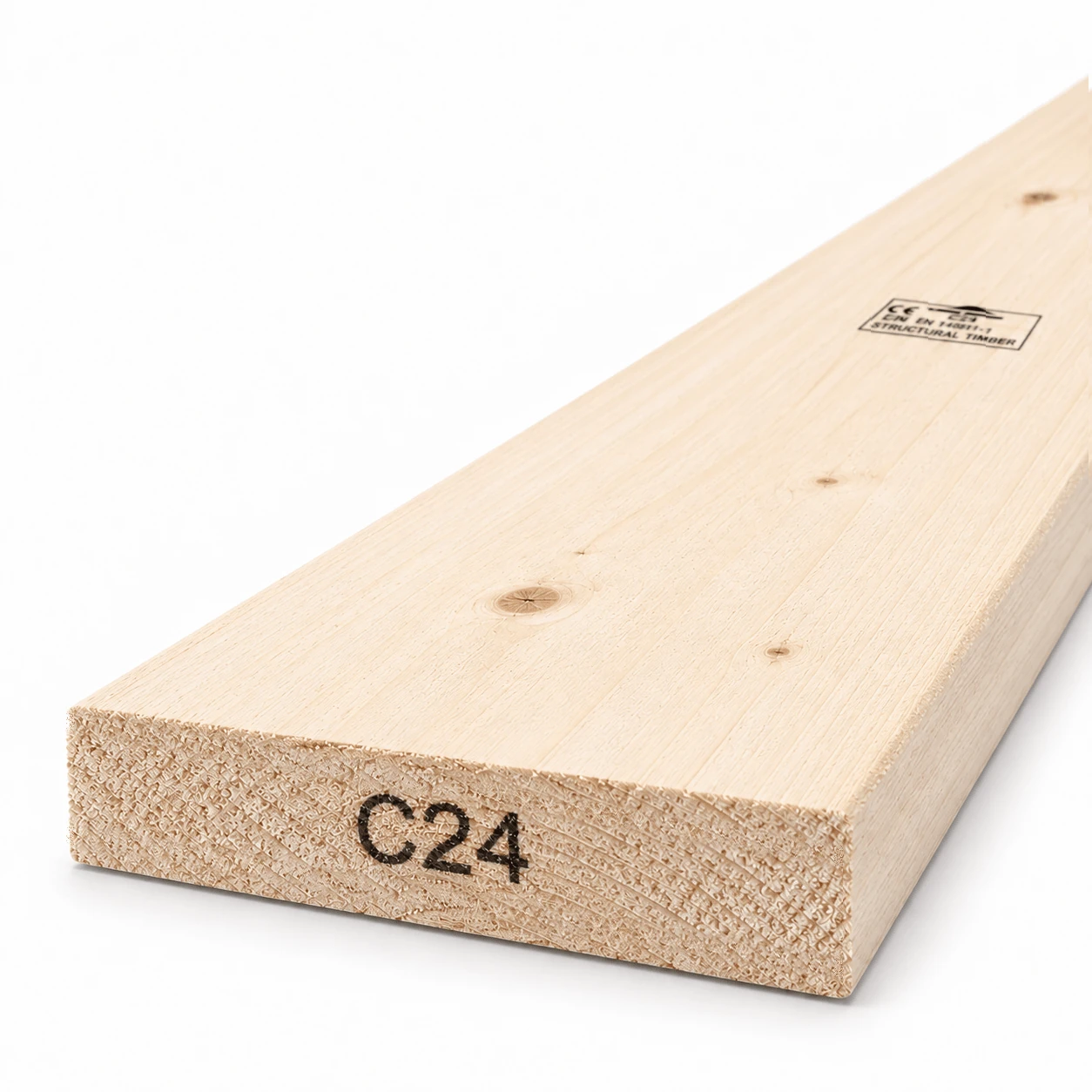 7x1.5 C24 rough sawn timber board, 175×35 mm, end view showing the C24 strength grade mark