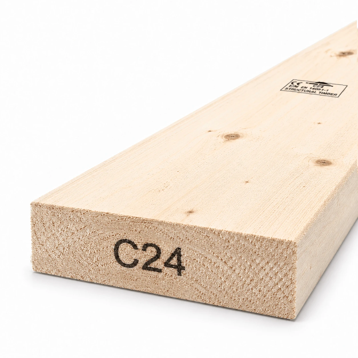 7x2 C24 rough sawn timber board, 175×44 mm, end view showing the C24 strength grade mark