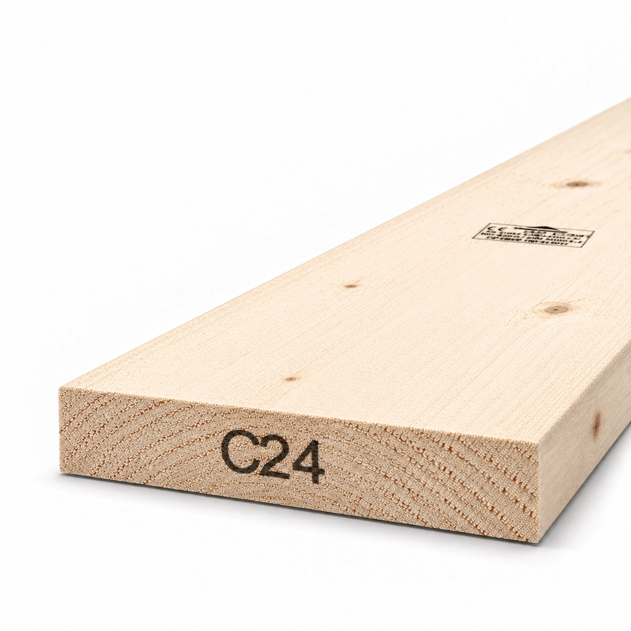 9x2 C24 rough sawn timber board, 225×44 mm, end view showing the C24 strength grade mark