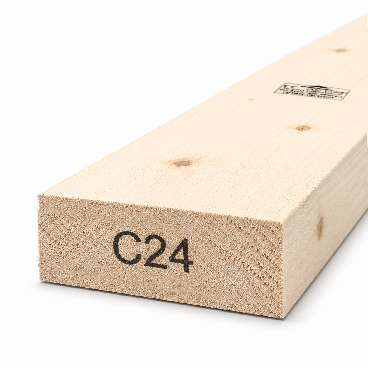 9x3 C24 rough sawn timber board, 225×75 mm, end view showing the C24 strength grade mark