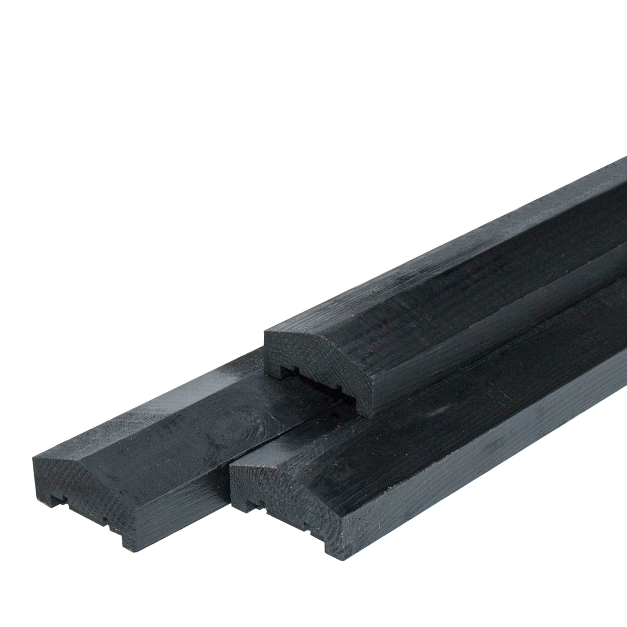 Black sprayed spruce fence panel capping strip with pyramid head