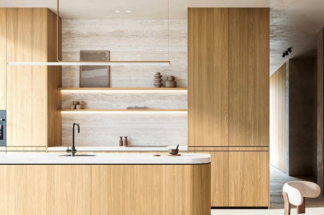 Querkus Allegro oak veneered MDF panels used as kitchen cabinetry in a minimalist interior