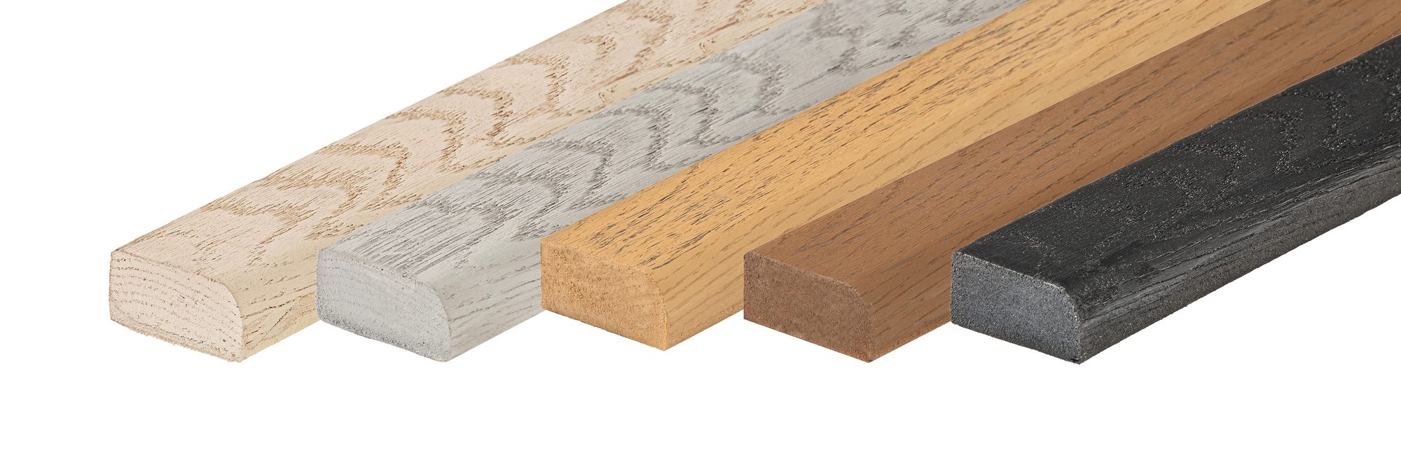 Puraboard flex bullnose trims in all five colours: Chestnut, Golden Teak, Sandstone, Cashmere and Ebony Black