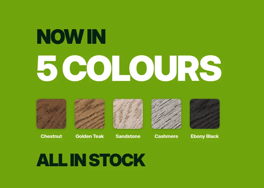 Puraboard decking now in five colours: Chestnut, Golden Teak, Sandstone, Cashmere and Ebony Black